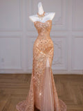 Joskaa Sparkly Mermaid Sweetheart Sequin Long Slit Gold Evening Dress Prom Dresses With Beads (PRE-ORDER)