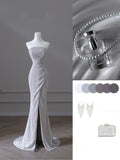 Joskaa Sparkly Mermaid Strapless Sequin Long Slit Evening Dress Prom Dresses With Ruffles (PRE-ORDER)