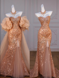 Joskaa Sparkly Mermaid Sweetheart Sequin Long Slit Gold Evening Dress Prom Dresses With Beads (PRE-ORDER)