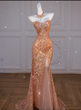 Joskaa Sparkly Mermaid Sweetheart Sequin Long Slit Gold Evening Dress Prom Dresses With Beads (PRE-ORDER)