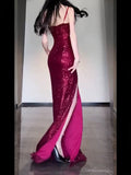 Joskaa Gorgeous Sheath Spaghetti Straps Burgundy Sequin Long Evening Dress Prom Dresses Birthday Outfits (PRE-ORDER)