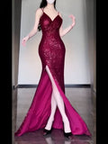 Joskaa Gorgeous Sheath Spaghetti Straps Burgundy Sequin Long Evening Dress Prom Dresses Birthday Outfits (PRE-ORDER)