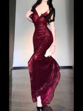 Joskaa Gorgeous Sheath Spaghetti Straps Burgundy Sequin Long Evening Dress Prom Dresses Birthday Outfits (PRE-ORDER)