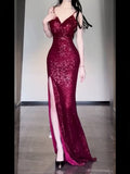 Joskaa Gorgeous Sheath Spaghetti Straps Burgundy Sequin Long Evening Dress Prom Dresses Birthday Outfits (PRE-ORDER)