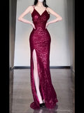 Joskaa Gorgeous Sheath Spaghetti Straps Burgundy Sequin Long Evening Dress Prom Dresses Birthday Outfits (PRE-ORDER)