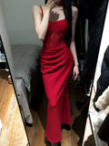 Joskaa Gorgeous Sheath Spaghetti Straps Red Satin Evening Dress Prom Dresses Birthday Outfits (PRE-ORDER)