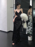 Joskaa Gorgeous Sheath Spaghetti Straps Black Sequin Evening Dress Prom Dresses Birthday Outfits (PRE-ORDER)