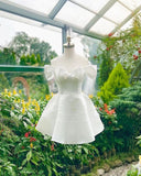 Joskaa Simple A line Off The Shoulder White Satin Homecoming Dress (PRE-ORDER)