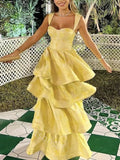 Joskaa Yellow Sweetheart Sleeveless Ruffle Floor Length Prom Dress Birthday Outfits (PRE-ORDER)