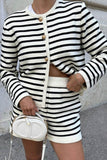 Joskaa Crew Neck Striped Cardigan Shorts Set