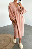 Joskaa Double Crepe V Neck Puff Sleeve Loose Dress