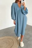 Joskaa Double Crepe V Neck Puff Sleeve Loose Dress