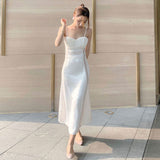 Joskaa Summer Strap Dress Women Elegant Casual White Fairy Slim Patchwork Backless Dress Female Holiday Party Midi Dress 2024 New