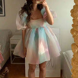 Joskaa hoco dresses Women Puff Sleeve Tulle Tutu Princess Dress Square Collar Mesh Ruffle Bubble Skirt Wedding Evening Party Prom Mini Fairy Dress