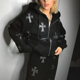 Back To School Joskaa Y2k Rhinestone Gothic Oversized Hoodies Women Men Hip Hop Joggers Sweatshirt Zipper Punk Jacket+Pant Suit Retro Tracksuit Outfit