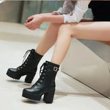 Joskaa Spring Autumn Fashion Women Boots High Heels Platform Buckle Lace Up Leather Short Booties Black Ladies Shoes Promotion 745