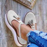 Joskaa Back to Collegeä¸?020 New Women Summer Sandals Fashion Buckle Strap Solid Fringe Cover Heel Flat Platform Heel Casual Ladies Plus Size Sandals