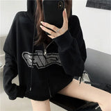 Back To School Joskaa Y2K Rhinestone Zipper Hoodies Women Fashion Solid Letter Printed Sweatshirts 2024 Autumn Casual Oversized Vintage Streetwear Top