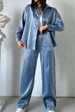 Joskaa Metallic Shiny Button Down Shirt Long Pant Set