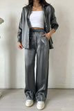 Joskaa Metallic Shiny Button Down Shirt Long Pant Set