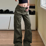 baggy jeans Workwear Style Large Pocket Solid Color Loose Wide Leg Casual Pants Hot Girl Street Low Waist Slimming All-Matching Trousers