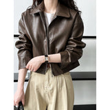 frat outfits Luxi Cool Handsome High Sense ~ Lapel Leather Coat Women's Spring and Autumn Hong Kong Style PU Leather Jacket Motorcycle Top Trendy 9595