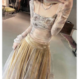 duo costume ideas New Plant Square Collar Trendy Vintage Printed Long-Sleeved Skirt Heavy Industry Super Fairy Suit