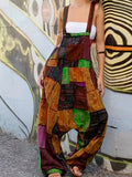 starboy outfit 2024 Women's New Hippie Stitching Ethnic Print Sleeveless Loose Harem Pocket Suspender Pants Green