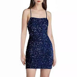 college halloween costume ideas Women's Shiny Velvet Sequin Low round Neck Tight Dress Short Pompom Dress