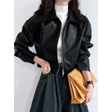 frat outfits Luxi Cool Handsome High Sense ~ Lapel Leather Coat Women's Spring and Autumn Hong Kong Style PU Leather Jacket Motorcycle Top Trendy 9595