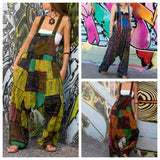 starboy outfit 2024 Women's New Hippie Stitching Ethnic Print Sleeveless Loose Harem Pocket Suspender Pants Green