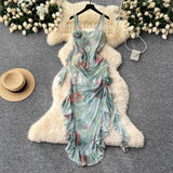 prom dresses Dress Women's Three-Dimensional Flower Ruffled Irregular Strap Printed Holiday Dress