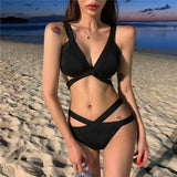 Joskaa Korea 2024 New Swimsuit Women's Summer Bikini Steel Bracket Small Chest Gathered Ins Black Sexy Hot Spring Swimwear