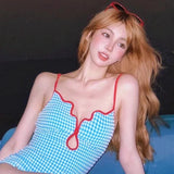 Joskaa Japanese Fresh Lolita Young Adult Young-Looking Blue Plaid Summer Sexy Suspenders Backless Slimming Hot Spring One-Piece Swimsuit Women