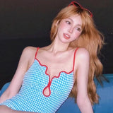 Joskaa Japanese Fresh Lolita Young Adult Young-Looking Blue Plaid Summer Sexy Suspenders Backless Slimming Hot Spring One-Piece Swimsuit Women