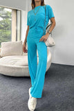 Joskaa Ribbed Short Sleeve Drawstring Long Pants Set