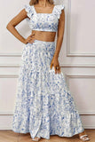 Joskaa Ruffled Crop Top Floral Printed Tiered Skirt Set