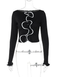 Black Friday Joskaa Elegant Lace Up Cardigan Women's Navel Cut Out Sexy Long Sleeve Ruffled Short Hot Girl Slim Fit Outwear Top Fall Fashion