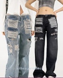 Joskaa 2024 New Washed Hole Blue Jeans for Women Y2k Grunge High Waist Straight Denim Pants Fashion Vintage Loose Wide Leg