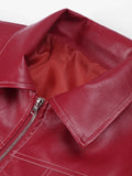 JOSKAA Women Red Lapel Zipper Leather Cropped Coat Autumn Casual Long Sleeve Patchwork Jacket 2024 Winter Fashion New Office Streetwear