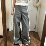 Joskaa Sweet Lace Patchwork Grey Suit Pants for Women 2024 Fashion New Loose Wide Leg  Y2k High Waist Straight Trousers Mujer