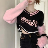 Joskaa Korean Sweet V-neck Off Shoulder Pullovers 2024 Autumn New Embroidery Lazy Tops Women Y2k E-Girl Long Sleeve Sweaters Mujer