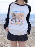 Back To School Joskaa Kawaii Cat Print T-shirts Women Japan Style Kitten Long Sleeve Cutecore Tops E-girl T-Shirt for Teen Girl Pullover Alt