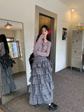 Back To School Joskaa Harajuku Tiered Plaid Skirt Pleated High Waist Long Maxi Cake Skirt Mujer Summer Fashion Tshirt Sexy Two Piece Set Women