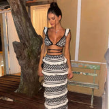 Joskaa Striped Knitted Beach Skirt Sets Women Sexy Backless Slim Bohemian Outfits Fashion Ruffle Holiday Vacation 2 Piece Set 2024