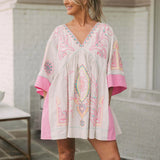 Joskaa Women Casual Dress Oversized V Neck 3/4 Sleeve Loose A Line Retro Bohemian Embroidered Mini Dress For Women Holidays Vestidos