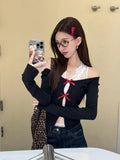 Black Friday Joskaa Sexy Off Shoulder Knitwear Women Black Hollow Out Sweater with Bow White Lace Vest Spring Autumn Korean Fashion Clothes