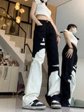 Joskaa Trend Street Black White Denim Pants Women Y2k E-Girl High Waist Irregular Trousers Summer Loose Straight Wide Leg  Jeans