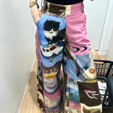 Joskaa American Street Cute Cartoon Print Pants for Women 2024 New Loose Wide Leg  Y2k Grunge High Waist Straight Trousers