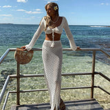 Back To School Joskaa Women Summer 2PCS Outfit Bikini Cover-ups Sets Long Sleeve Tie Up Crop Tops+White Long Knit Hollow Tassels Skirt Suit